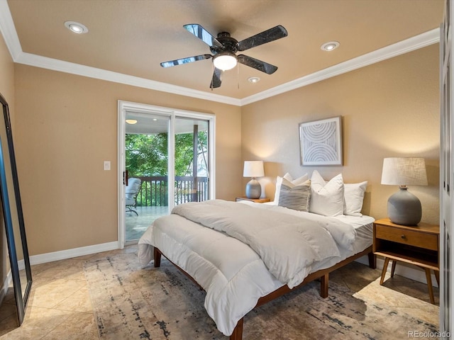 10954 W 100th Way, Broomfield, CO 80021 - bedroom featuring access to outside, crown molding, recessed lighting, and a ceiling fan