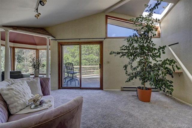 4665 Fox Rd, Cascade, CO 80809 - living area featuring carpet floors, a skylight, track lighting, and a baseboard heating unit