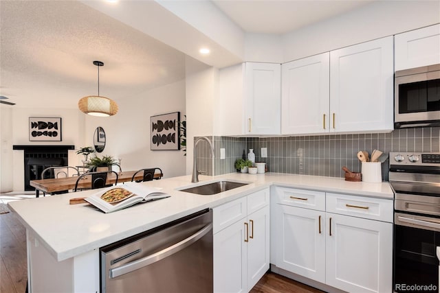 kitchen featuring white cabinetry, sink, kitchen peninsula, and stainless steel appliances