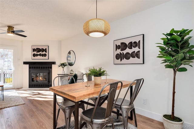 dining area featuring hardwood / wood-style floors, a textured ceiling, and ceiling fan