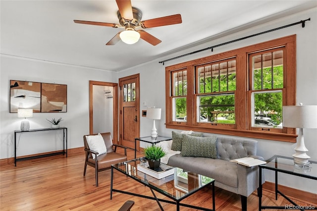 3611 N Vine St, Denver, CO 80205 - living area with light wood-style floors, a ceiling fan, and baseboards