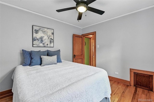 3611 N Vine St, Denver, CO 80205 - bedroom featuring ornamental molding, light wood finished floors, baseboards, and ceiling fan