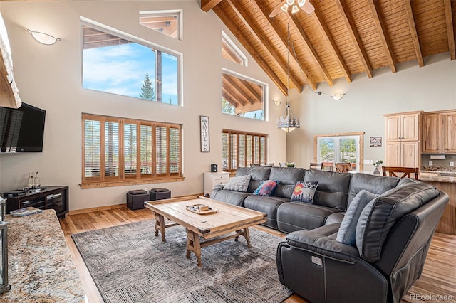 423 Prunes Pl, Fairplay, CO 80440 - living room featuring high vaulted ceiling, light wood-style flooring, and wooden ceiling with exposed beams