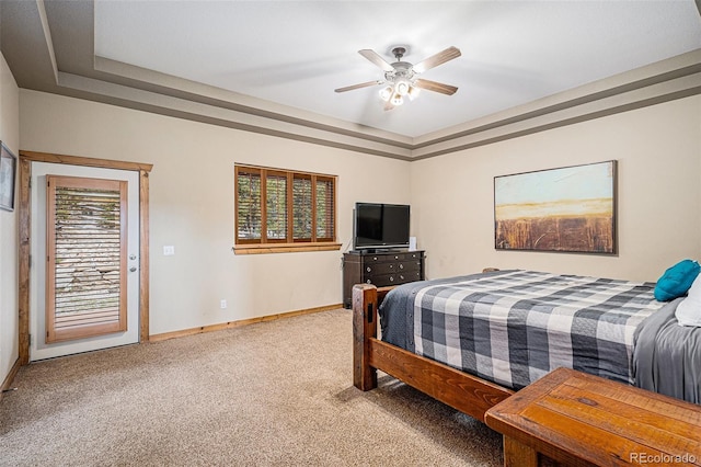 423 Prunes Pl, Fairplay, CO 80440 - bedroom with carpet floors, baseboards, a raised ceiling, and ceiling fan