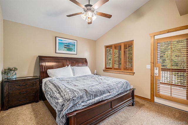 423 Prunes Pl, Fairplay, CO 80440 - bedroom featuring light carpet, vaulted ceiling, access to outside, baseboards, and a ceiling fan