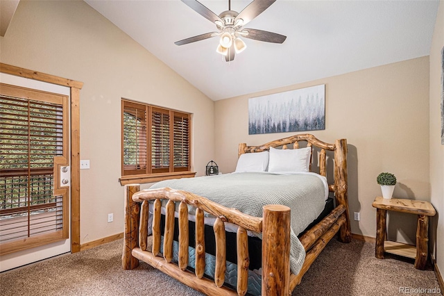423 Prunes Pl, Fairplay, CO 80440 - bedroom with carpet floors, lofted ceiling, multiple windows, baseboards, and ceiling fan