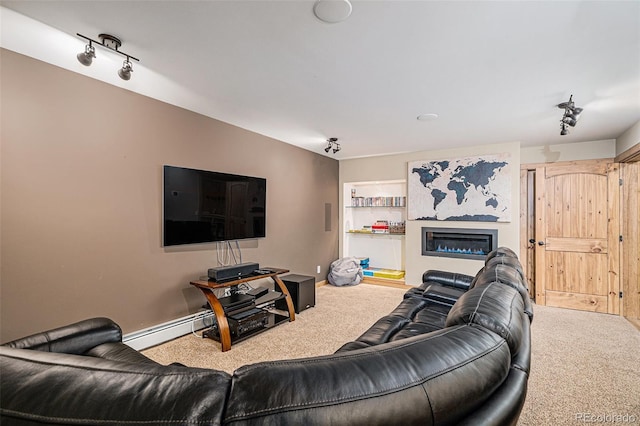423 Prunes Pl, Fairplay, CO 80440 - living area with carpet, track lighting, a glass covered fireplace, and baseboards