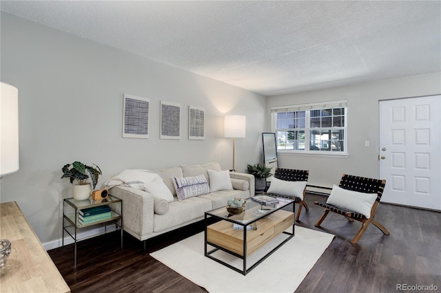 living area with a textured ceiling, wood finished floors, baseboards, and a baseboard radiator