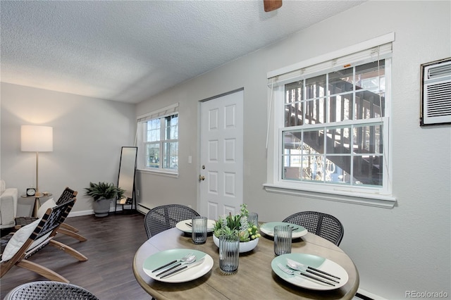 dining room with a baseboard radiator, a textured ceiling, baseboards, and dark wood-style flooring