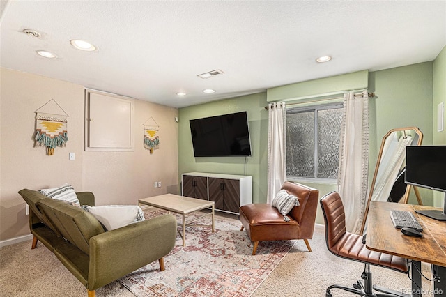 living room featuring light carpet