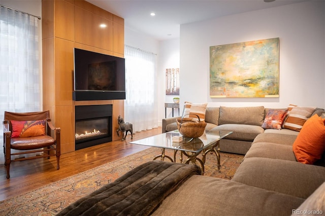 living room with hardwood / wood-style flooring and a large fireplace