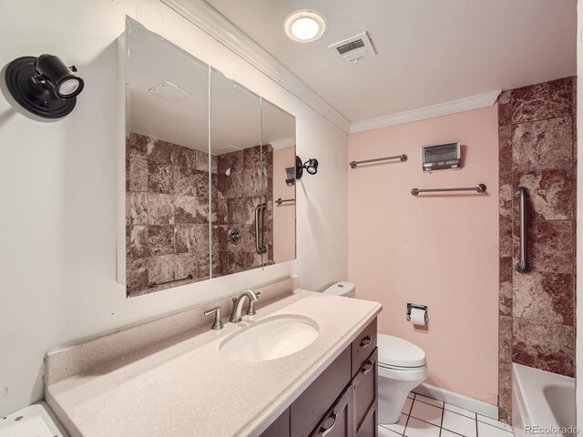 full bath featuring visible vents, toilet, ornamental molding, tile patterned flooring, and vanity