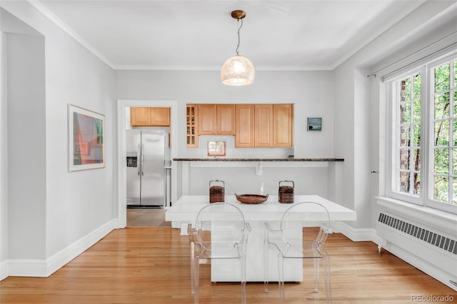99 S Downing St Unit 105, Denver, CO 80209 - dining room with radiator, light wood-style floors, and crown molding