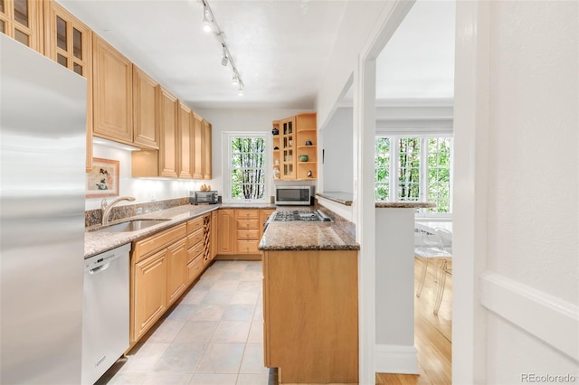 99 S Downing St Unit 105, Denver, CO 80209 - kitchen with stainless steel appliances, dark stone counters, healthy amount of natural light, and glass insert cabinets