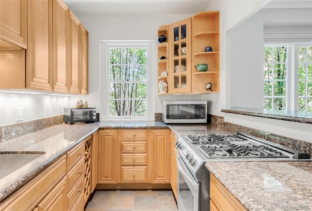 99 S Downing St Unit 105, Denver, CO 80209 - kitchen with appliances with stainless steel finishes, open shelves, light stone counters, and glass insert cabinets