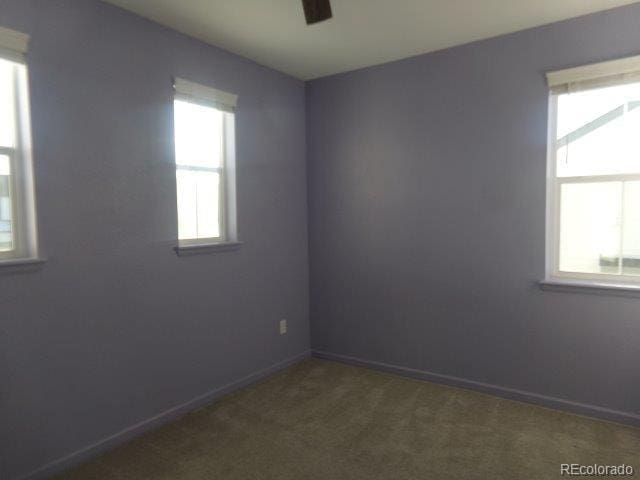 spare room featuring ceiling fan and dark carpet