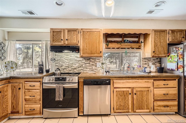 kitchen featuring under cabinet range hood, stainless steel appliances, a sink, and visible vents