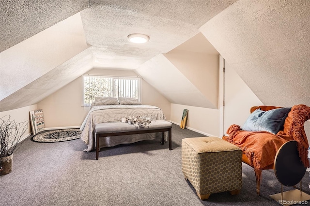 bedroom with carpet, a textured ceiling, vaulted ceiling, and baseboards