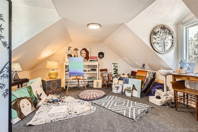 interior space with carpet and vaulted ceiling