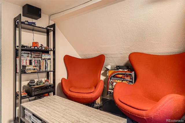 living area with vaulted ceiling