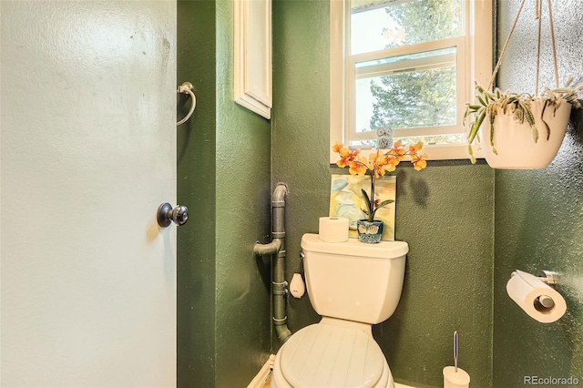 bathroom with toilet and a textured wall