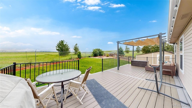 7270 Marmot Ridge Pl, Littleton, CO 80125 - wooden deck featuring a pergola, outdoor dining space, a view of countryside, and a fenced backyard