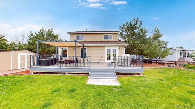 7270 Marmot Ridge Pl, Littleton, CO 80125 - rear view of house featuring a storage shed, a deck, and french doors