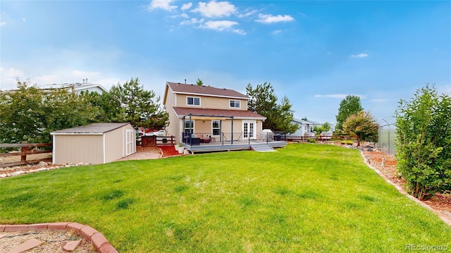 7270 Marmot Ridge Pl, Littleton, CO 80125 - back of property with a fenced backyard, a storage shed, and a wooden deck