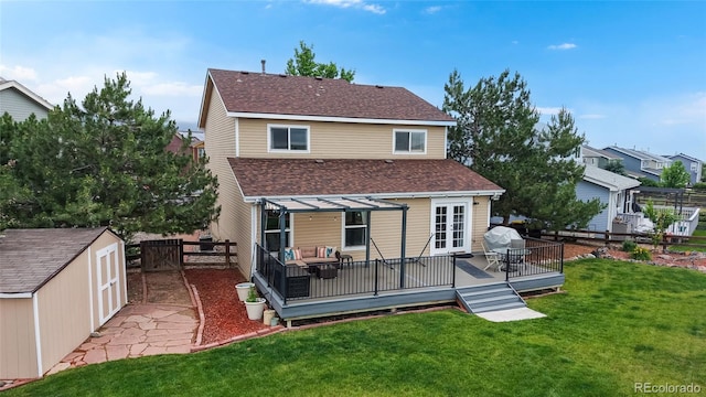 7270 Marmot Ridge Pl, Littleton, CO 80125 - back of house featuring a shingled roof, a pergola, a deck, a fenced backyard, and a shed