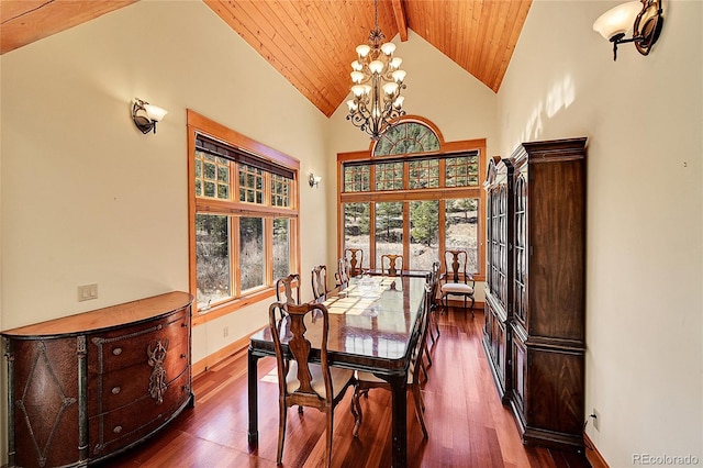 dining area with dark wood-style floors, a healthy amount of sunlight, a notable chandelier, and high vaulted ceiling