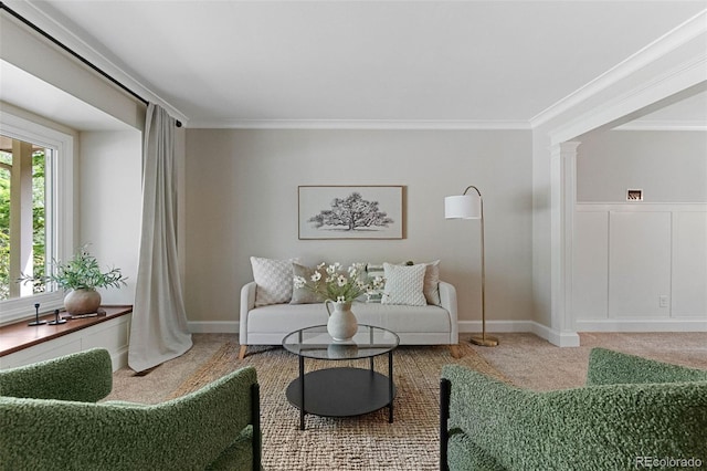 8132 Lodgepole Trl, Lone Tree, CO 80124 - carpeted living area with crown molding and decorative columns
