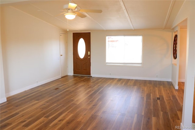 entrance foyer featuring ceiling fan and dark hardwood / wood-style floors