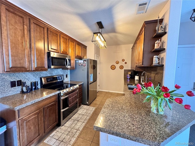 kitchen with light tile patterned floors, stainless steel appliances, open shelves, visible vents, and a sink