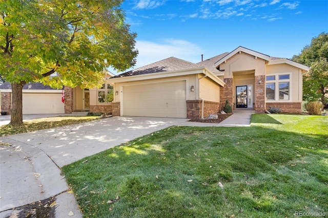 single story home featuring a front yard and a garage