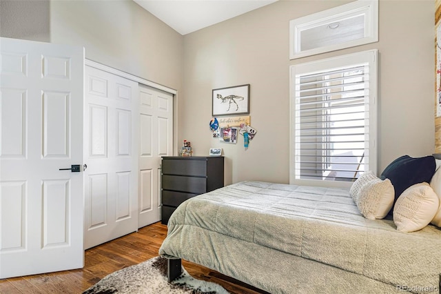 bedroom with a closet and hardwood / wood-style flooring