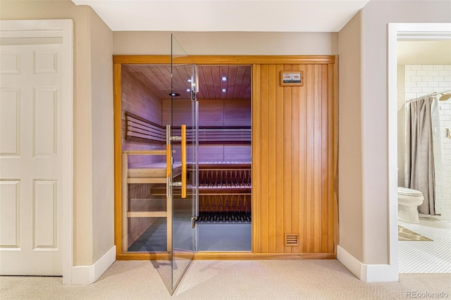 view of sauna featuring carpet flooring