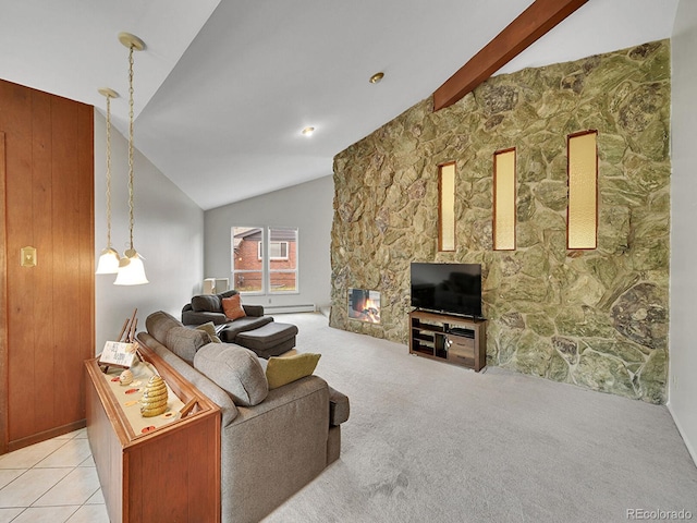 461 Nome St, Aurora, CO 80010 - living room with a fireplace, light colored carpet, and a baseboard radiator