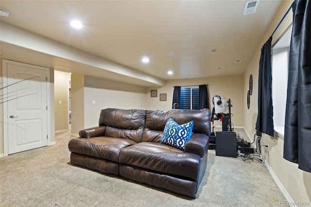 living room featuring light colored carpet