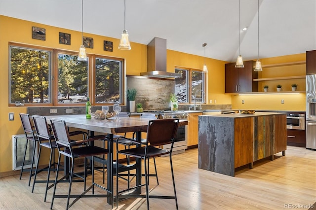 kitchen featuring a center island, open shelves, stainless steel appliances, ventilation hood, and modern cabinets