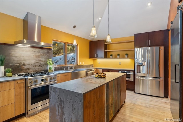 kitchen featuring open shelves, backsplash, appliances with stainless steel finishes, wall chimney range hood, and light wood-type flooring