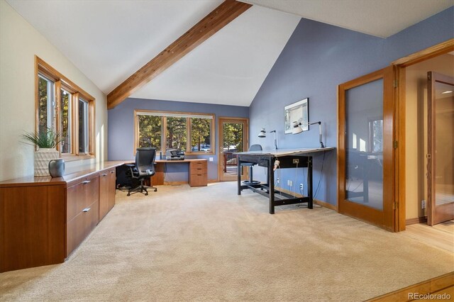 office area with high vaulted ceiling, light carpet, and beamed ceiling