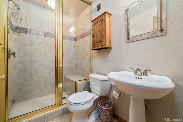 full bath featuring a stall shower, visible vents, a textured wall, toilet, and a sink