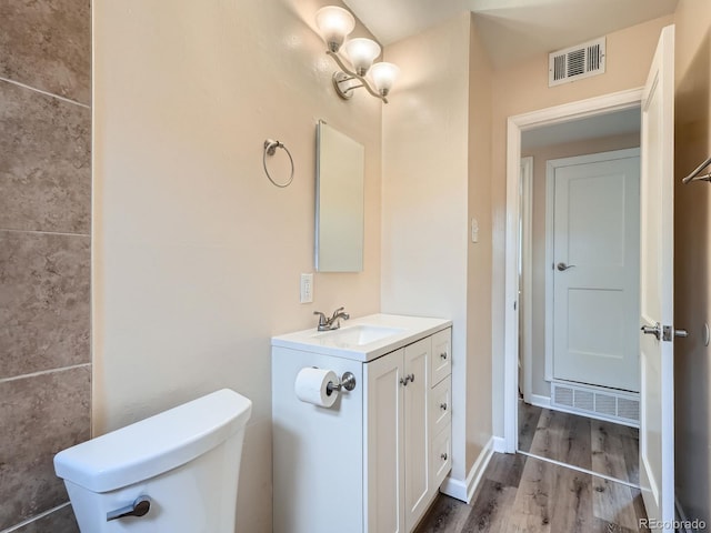 bathroom with vanity, wood-type flooring, and toilet