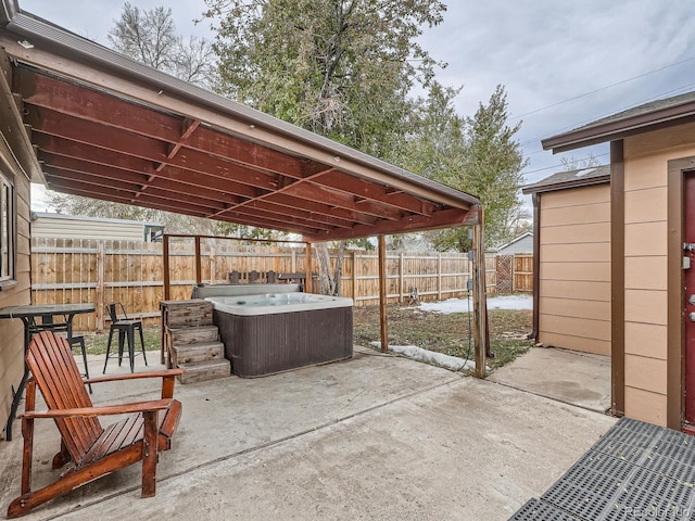 view of patio featuring a hot tub