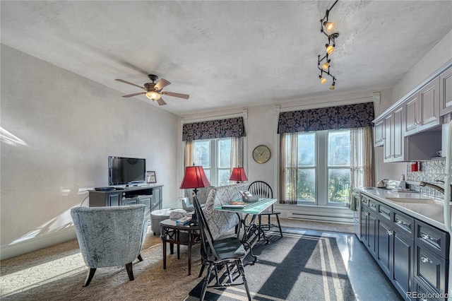 interior space featuring sink, ceiling fan, and rail lighting