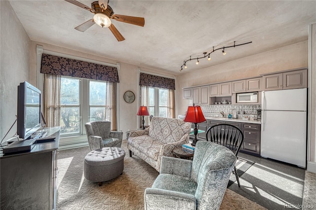 living room featuring ceiling fan and sink