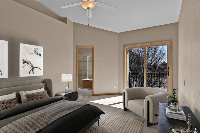5130 Sevenoaks Dr, Colorado Springs, CO 80919 - bedroom featuring vaulted ceiling, light carpet, ensuite bathroom, baseboards, and ceiling fan