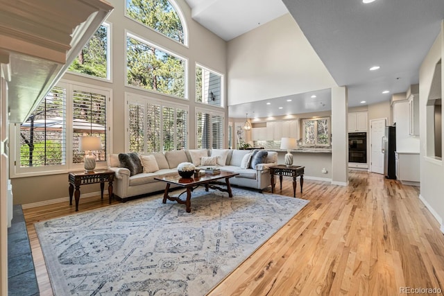 living room with light hardwood / wood-style flooring and a towering ceiling