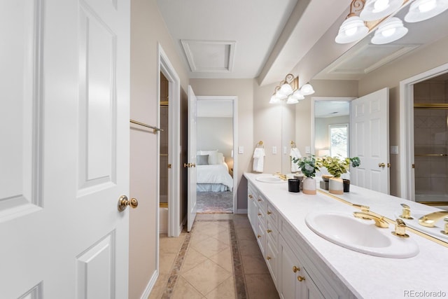 bathroom with vanity, walk in shower, and tile patterned floors