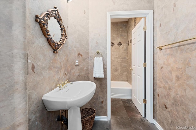 bathroom featuring shower with separate bathtub and tile patterned floors